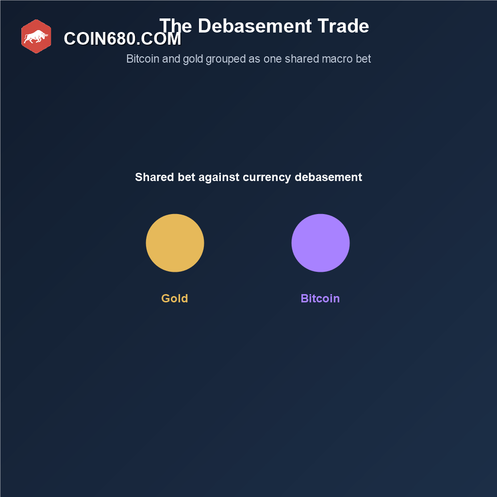 Diagram showing Bitcoin and gold grouped together under the debasement trade as a shared bet against currency debasement