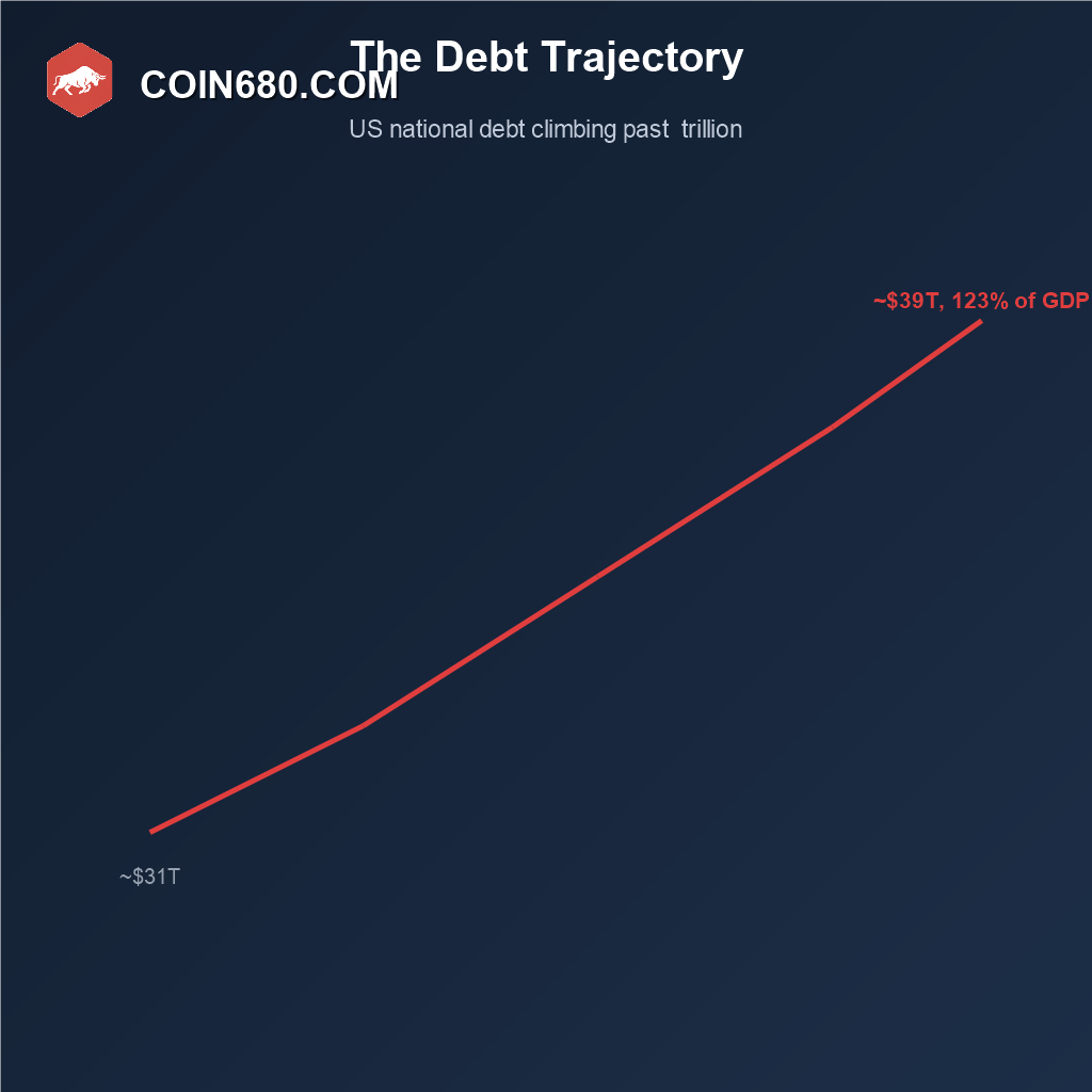 Line chart showing US national debt climbing past 39 trillion dollars with a debt to GDP ratio around 123 percent