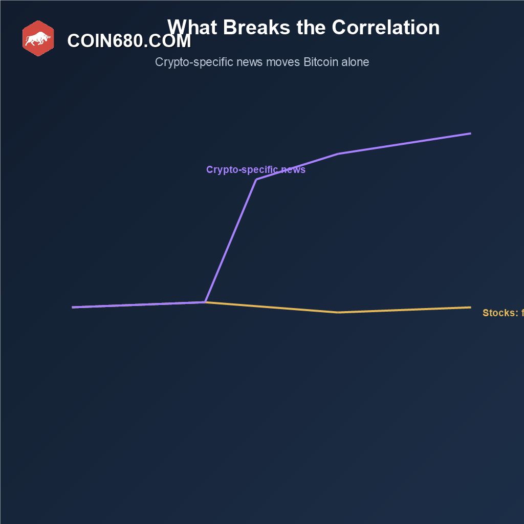 Line chart showing Bitcoin moving independently on crypto specific news while stocks stay flat