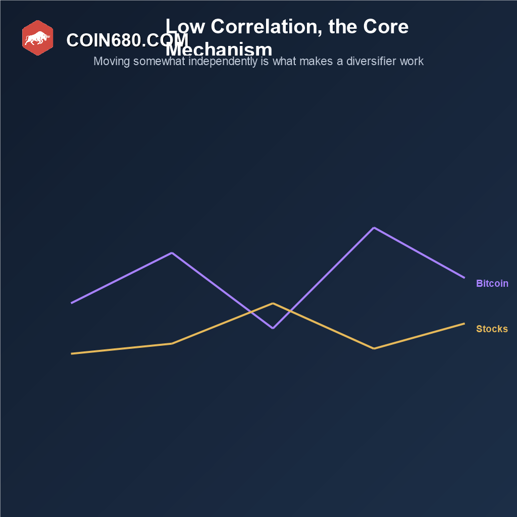 Line chart showing Bitcoin and stocks moving somewhat independently, illustrating low correlation as a diversification mechanism