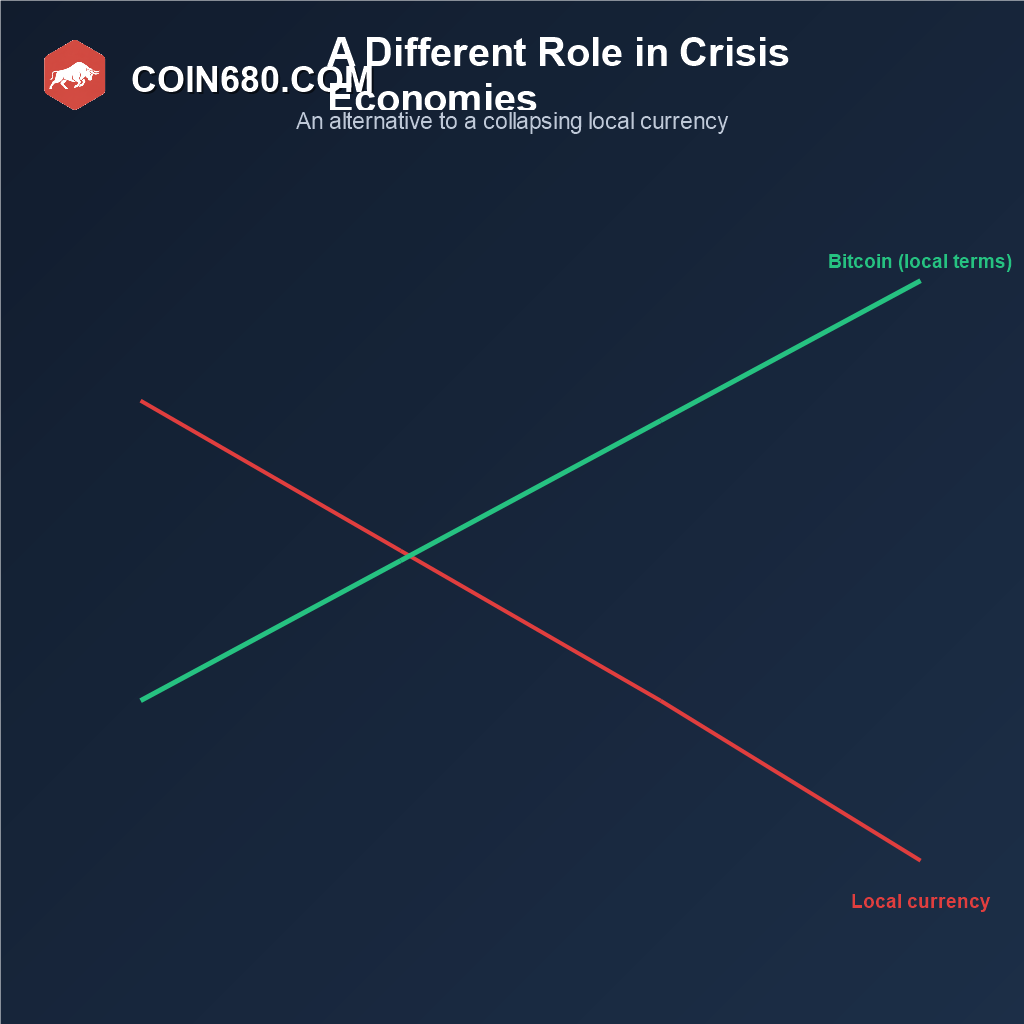 Line chart showing Bitcoin rising in local currency terms as an alternative during a currency crisis