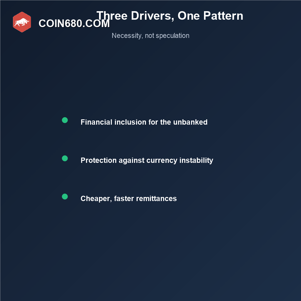 List of the three main drivers of emerging market Bitcoin adoption, financial inclusion, currency instability, and remittances