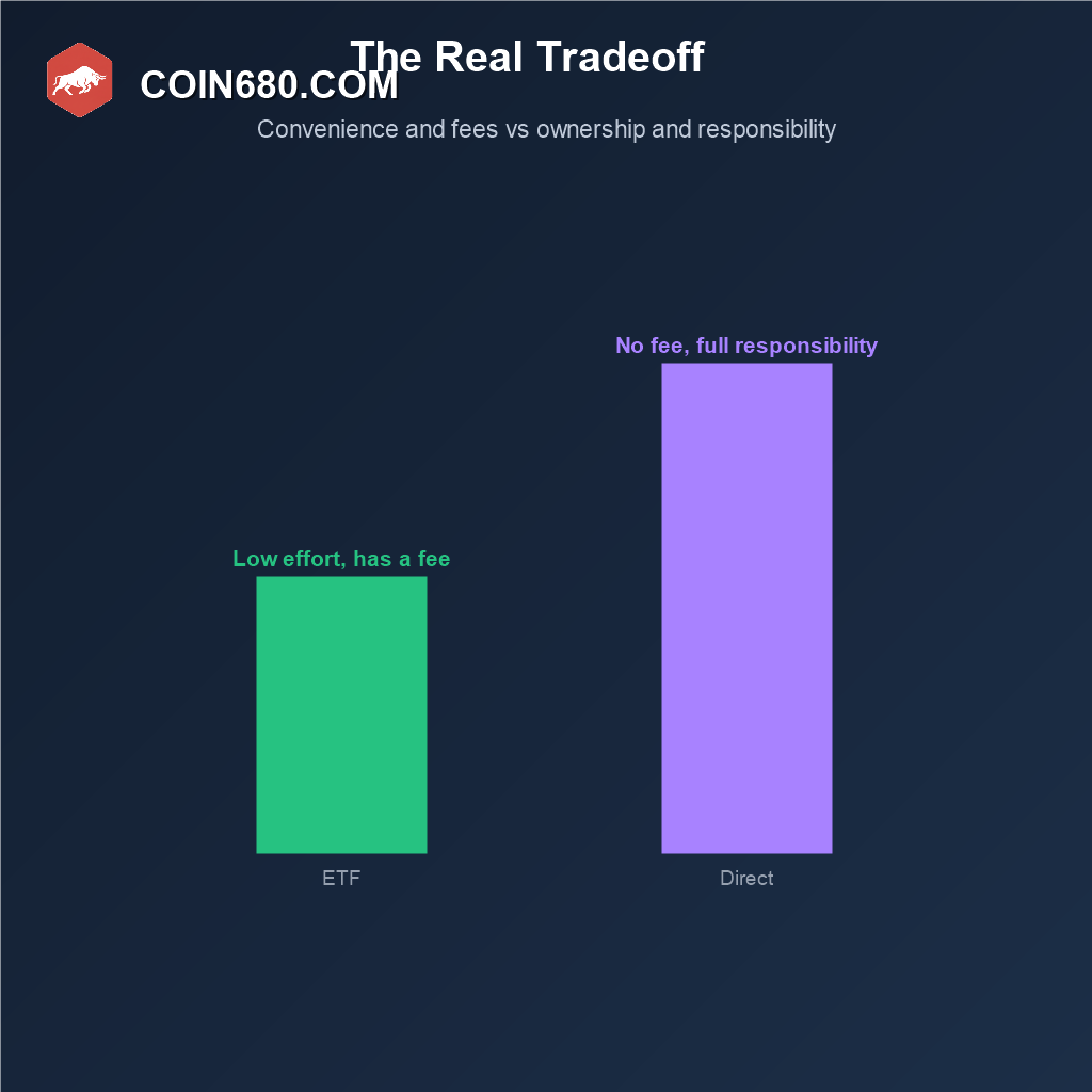Bar chart comparing the low effort management fee of an ETF against the fee free but higher responsibility of direct ownership