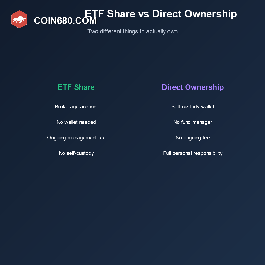 Two column comparison of owning a Bitcoin ETF share versus owning Bitcoin directly in self custody