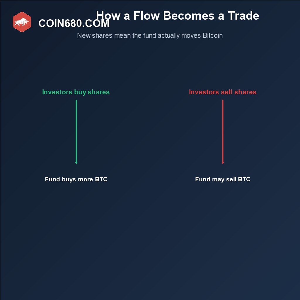 Diagram showing how ETF share purchases and sales translate into the fund actually buying or selling Bitcoin