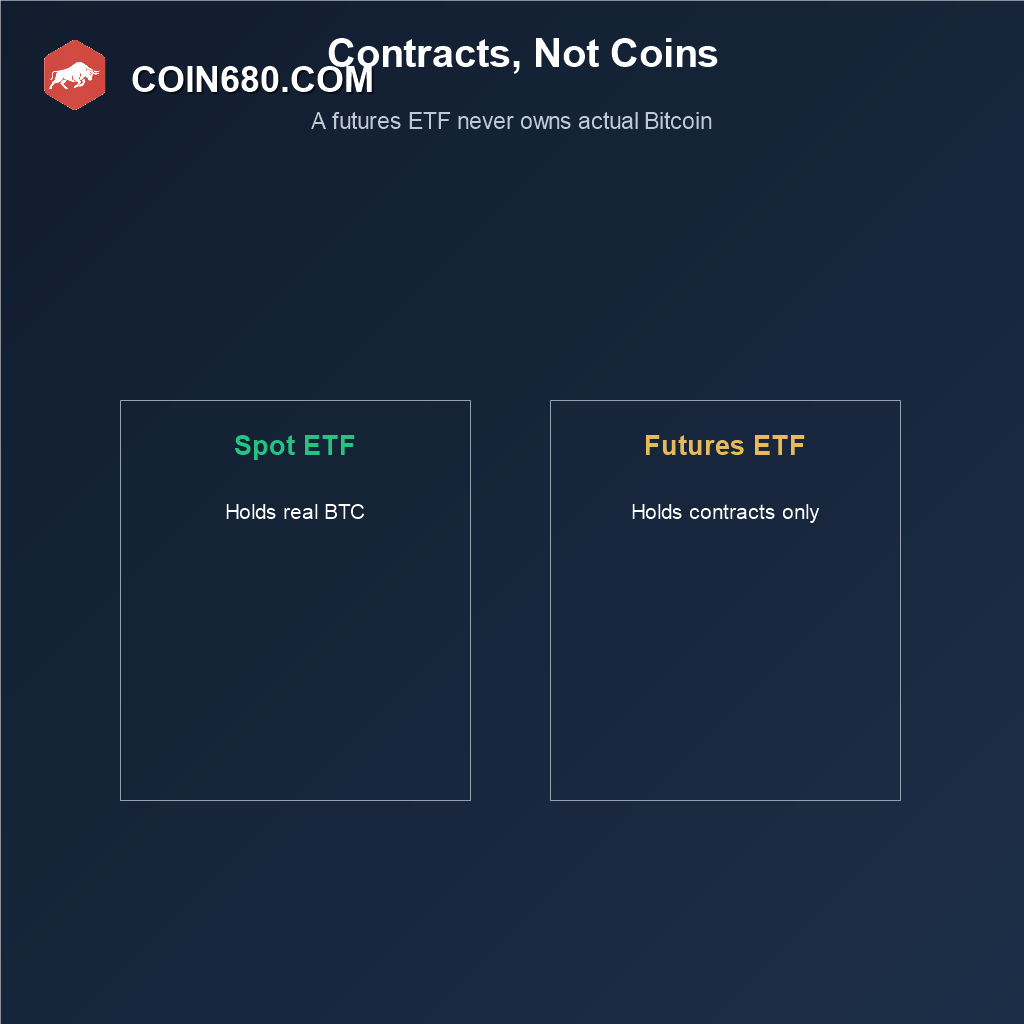 Comparison diagram showing a spot ETF holding real Bitcoin versus a futures ETF holding only futures contracts