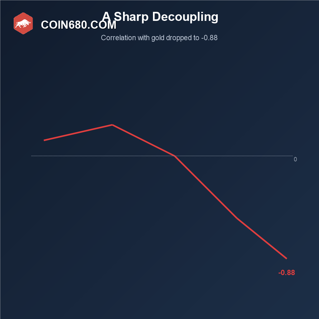 Line chart showing Bitcoin’s correlation with gold dropping sharply to negative 0.88