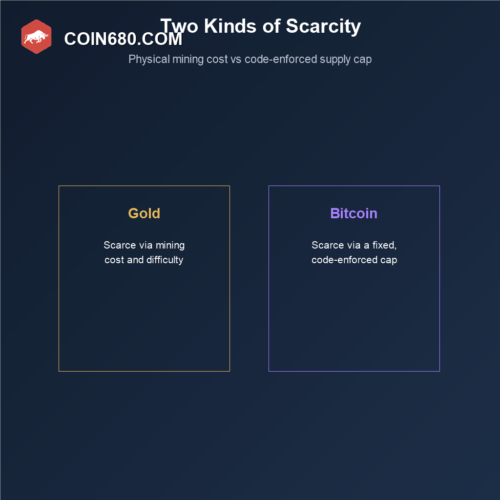 Comparison diagram showing gold's physical mining scarcity against Bitcoin's code enforced fixed supply cap