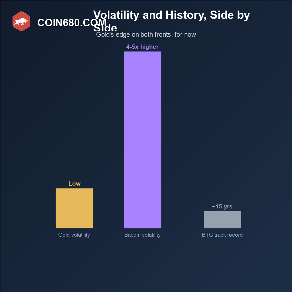 Bar chart comparing gold’s low volatility and long track record against Bitcoin’s higher volatility and shorter history