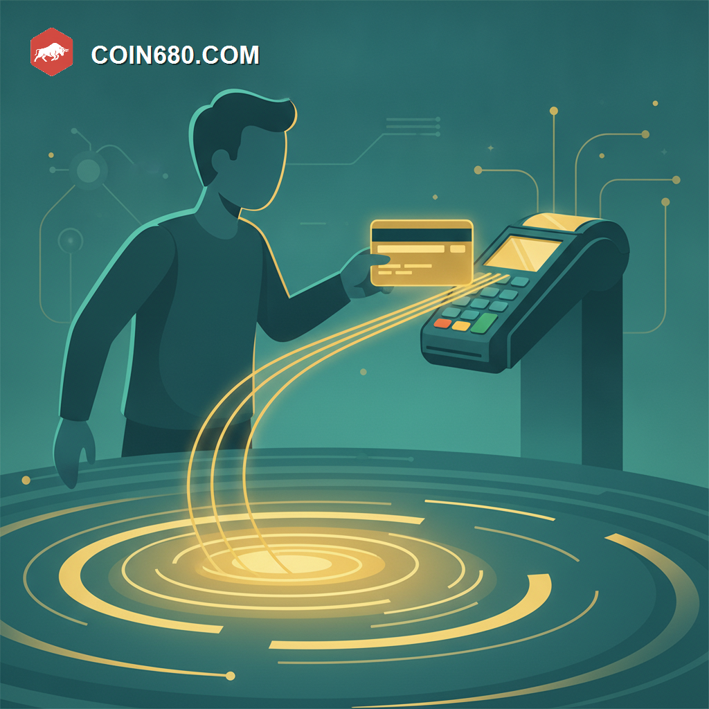 Illustration of a figure swiping a glowing credit card connected via light rails to a large liquidity pool