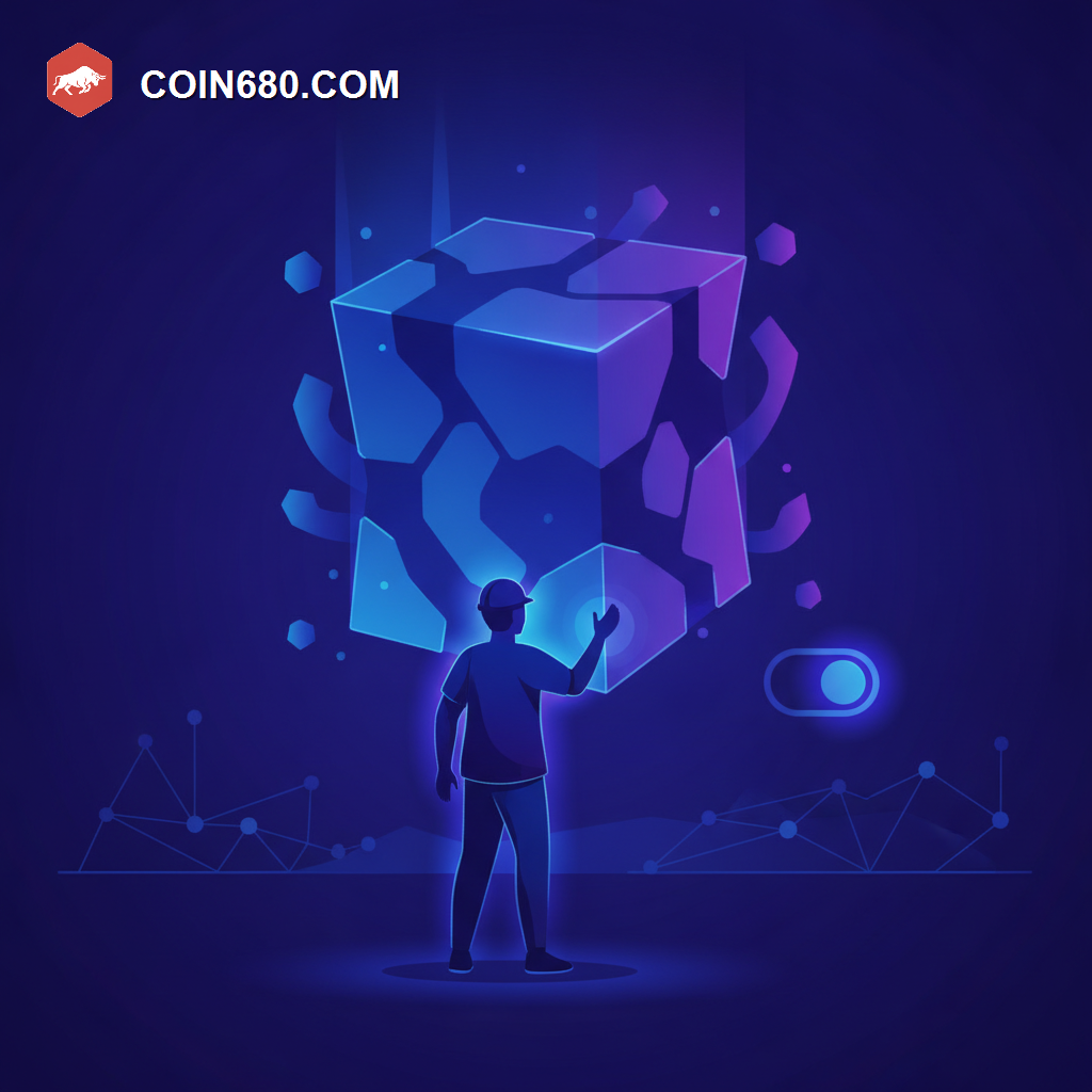 Illustration of a builder figure unlocking and expanding a glowing geometric container structure