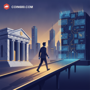 Illustration of an advisor crossing a glowing bridge from a traditional bank tower to a bright crypto trading floor with an Asian skyline