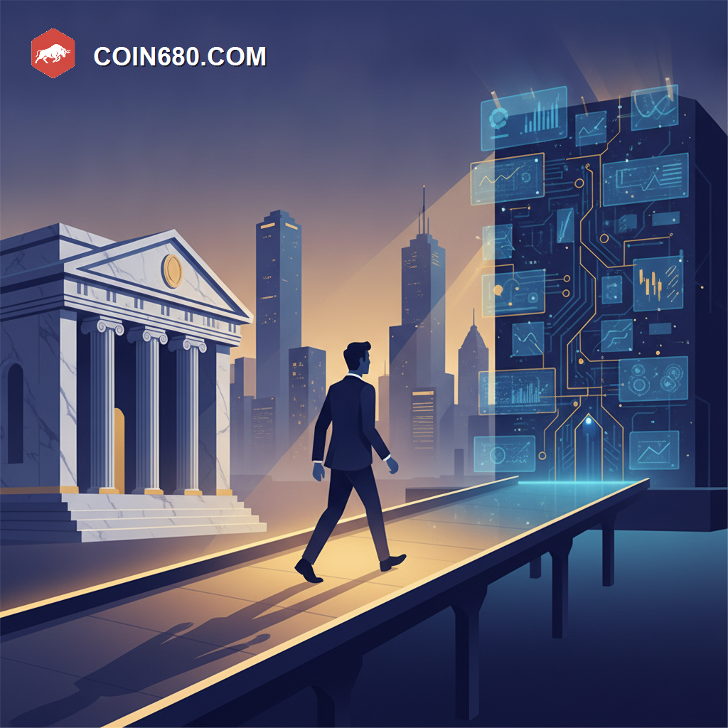 Illustration of an advisor crossing a glowing bridge from a traditional bank tower to a bright crypto trading floor with an Asian skyline