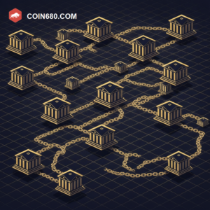 Illustration of many bank buildings connecting through glowing chain links