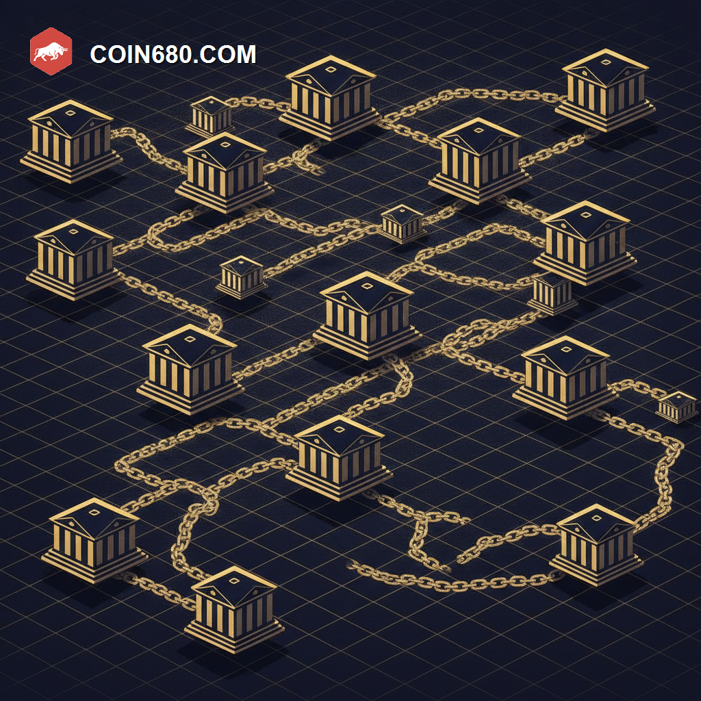 Illustration of many bank buildings connecting through glowing chain links