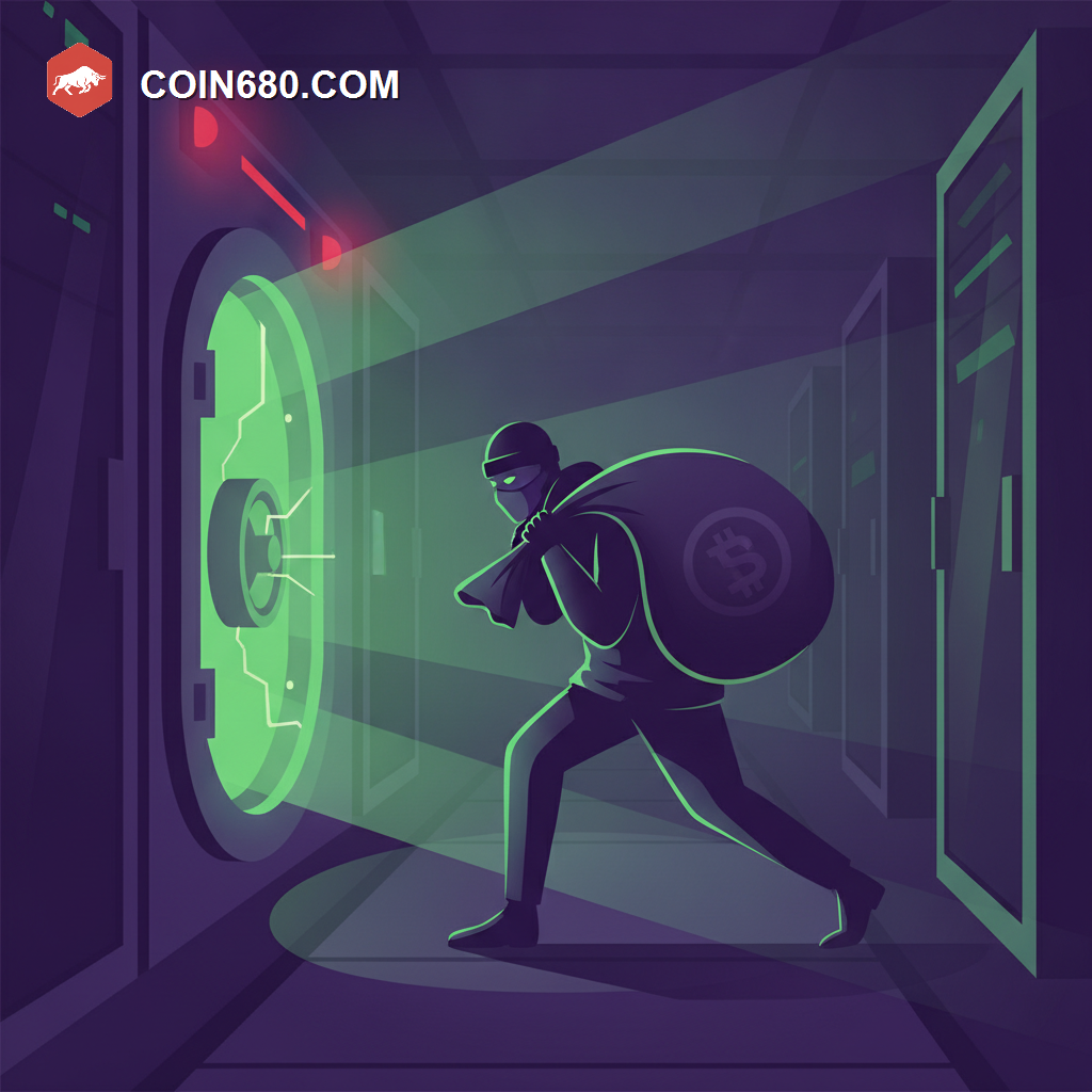Illustration of a masked thief slipping away from a glowing digital vault door with a sack of coins through a server room
