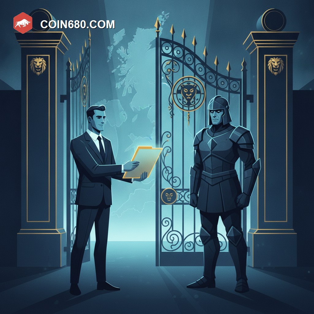 Illustration of a businessman presenting documents to a gatekeeper figure before an ornate gate with the UK isles in the misty background
