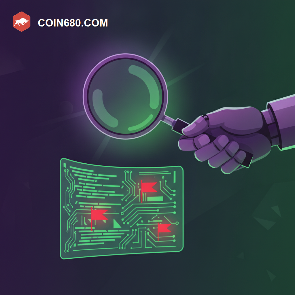 Illustration of a robotic hand holding a magnifying lens over glowing code revealing red warning flags