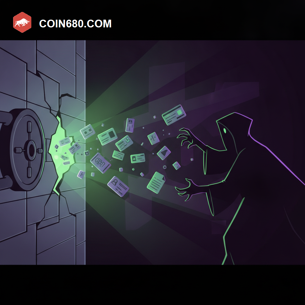 Illustration of a vault with a cracked wall leaking personal document fragments toward a shadowy figure