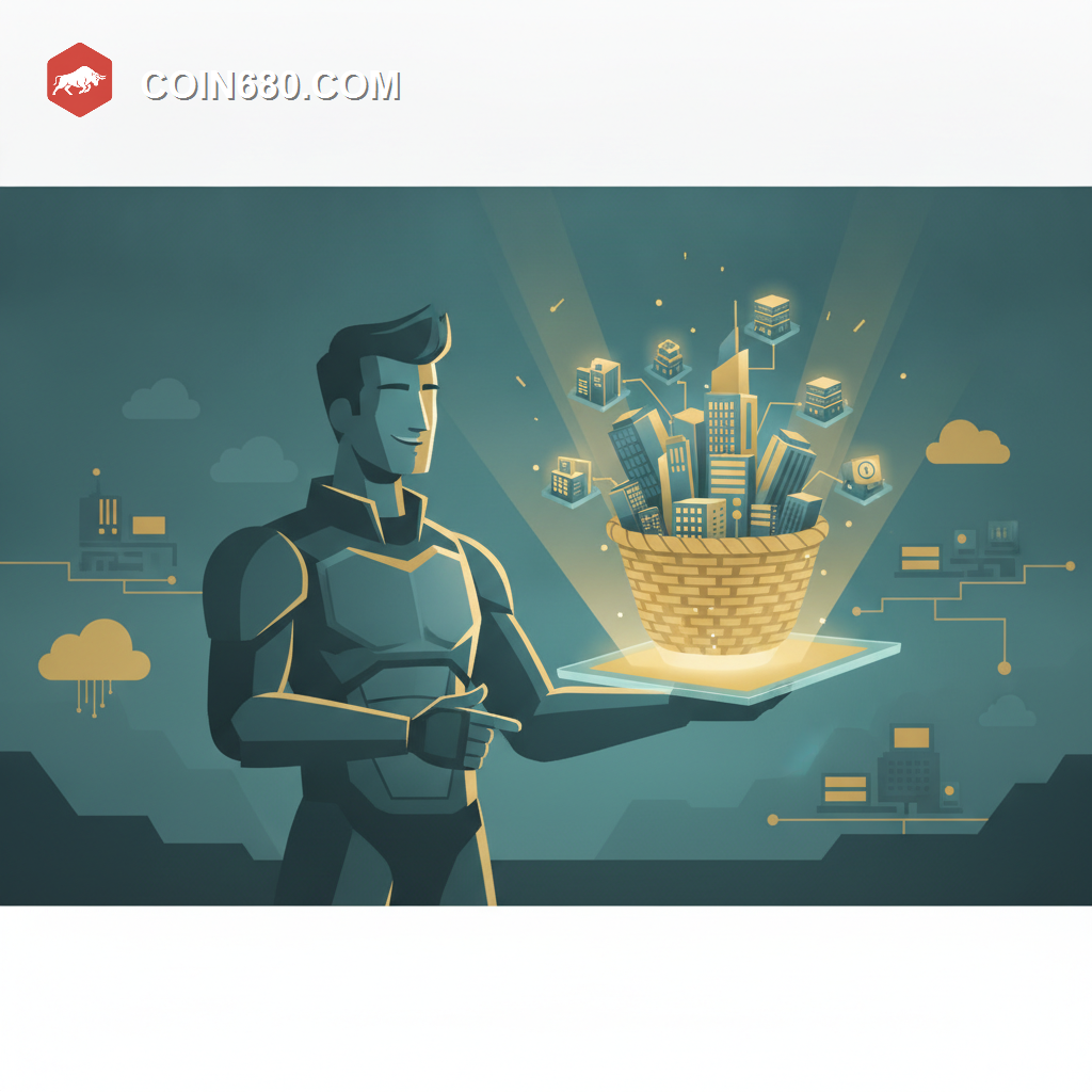 Illustration of a figure holding a tablet showing a balanced basket of tech-company icons