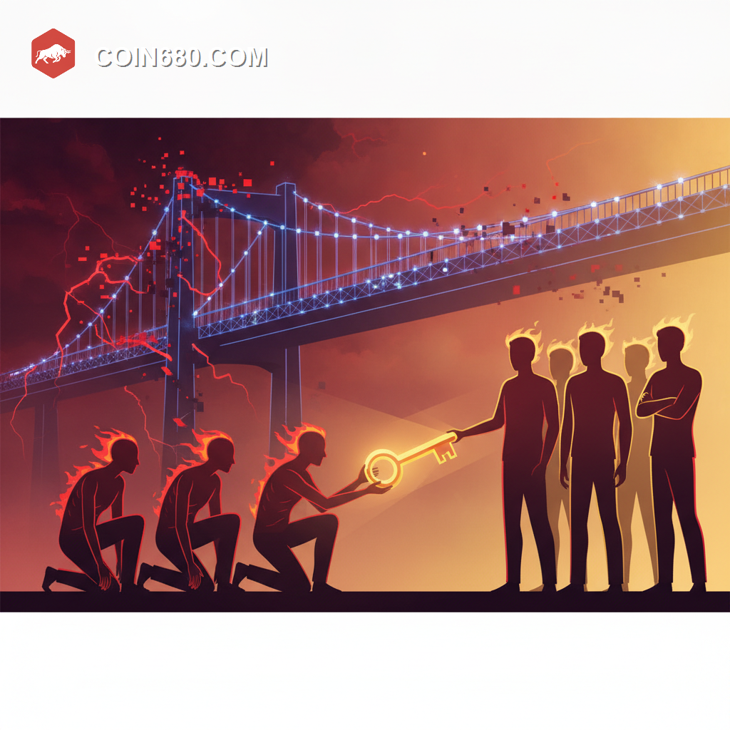 Illustration of a small team handing over a glowing bridge-shaped key to a larger group of veteran figures with a digital bridge under attack in the background