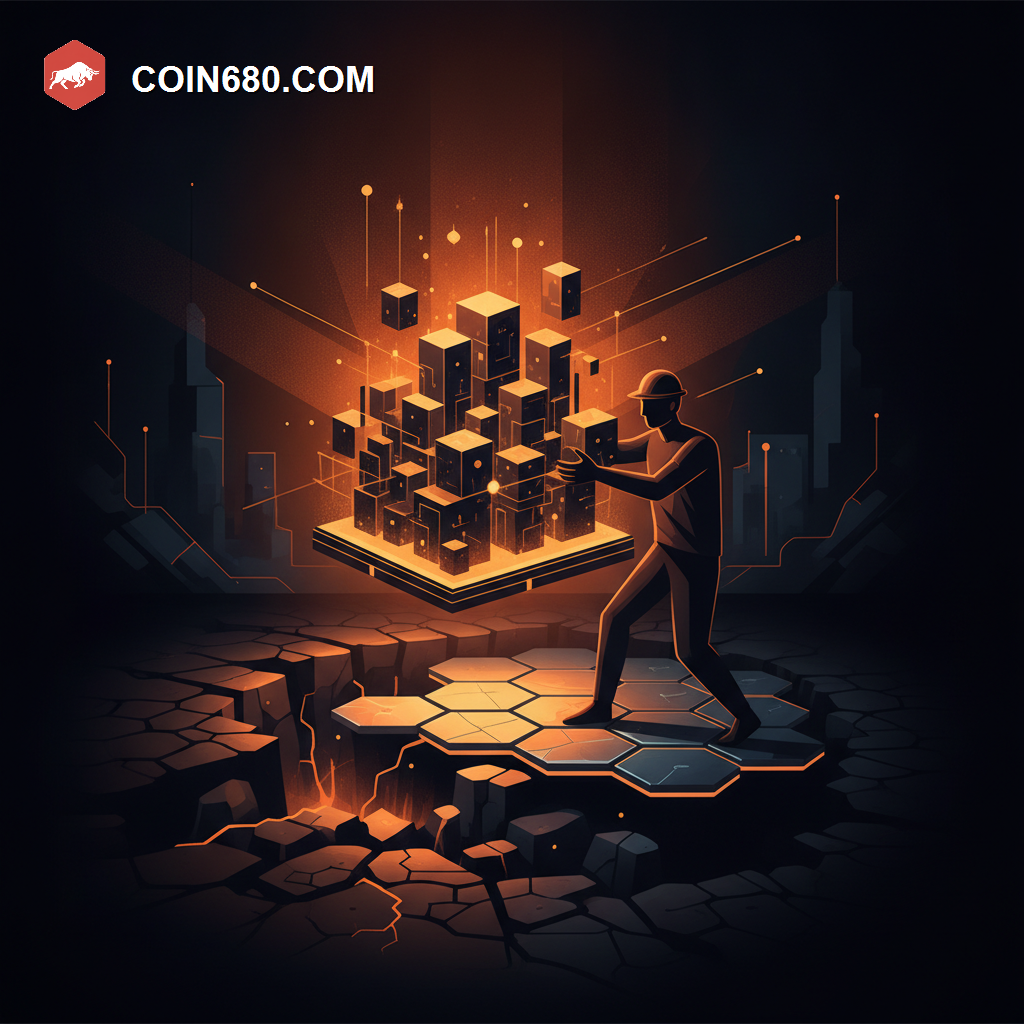 Illustration of a builder figure moving a glowing block network from a crumbling foundation onto a new hexagonal platform