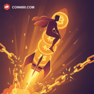 Illustration of a heroic figure riding a rocket of coins bursting through shattered chains