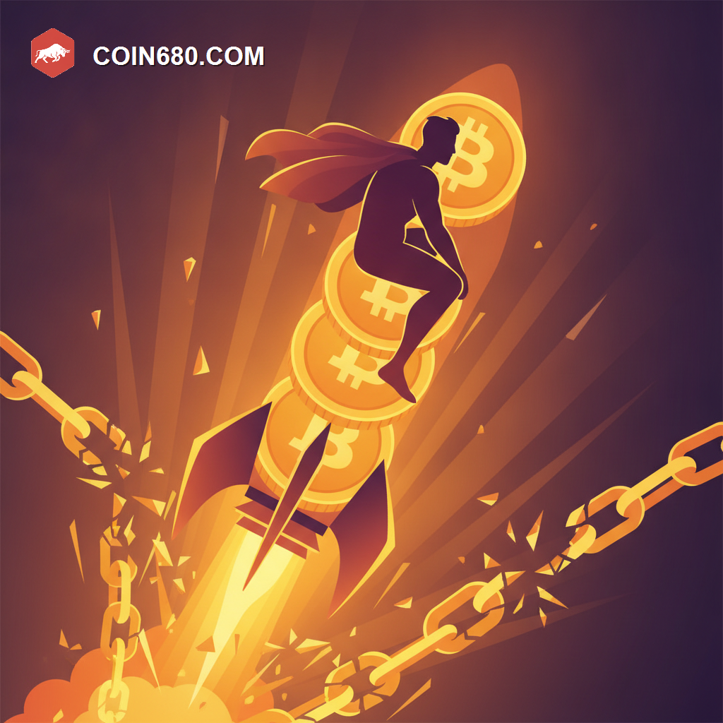 Illustration of a heroic figure riding a rocket of coins bursting through shattered chains