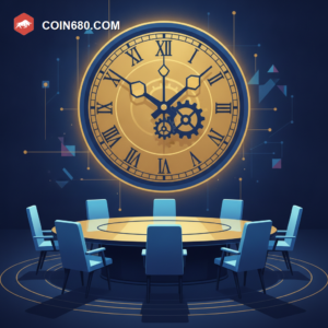 Illustration of a round council table with empty glowing chairs and a large clock