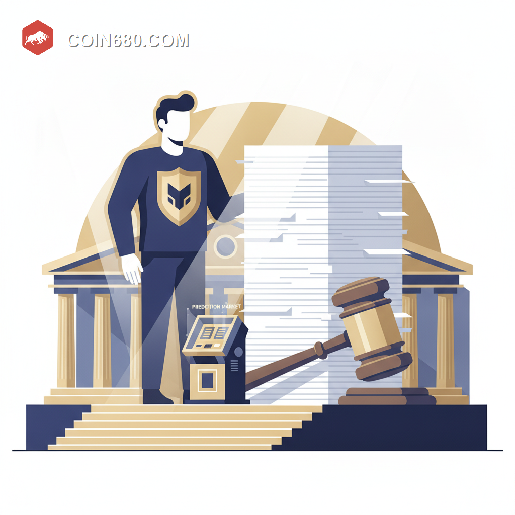 Illustration of a federal shield figure standing between a small kiosk and a giant stack of legal documents and a gavel