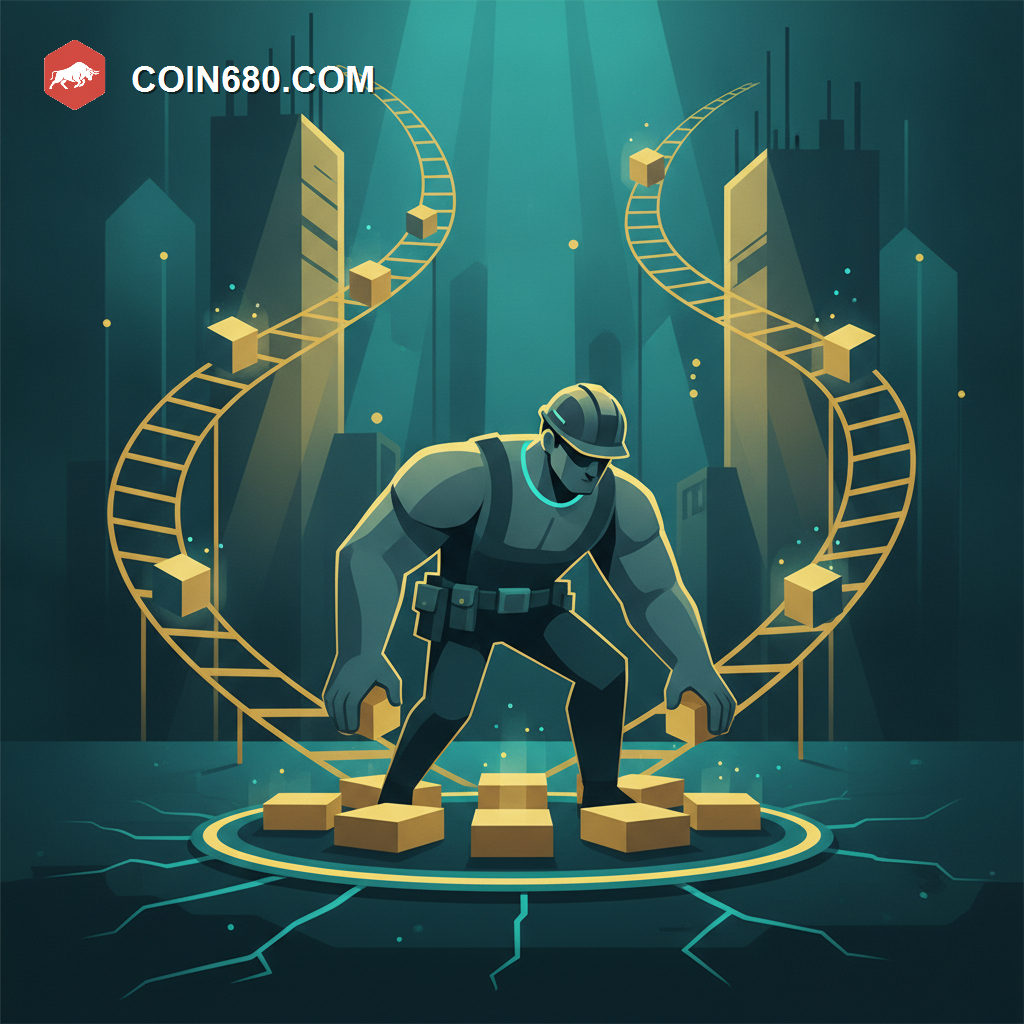 Illustration of a builder figure laying glowing rail tracks and foundation blocks forming a new blockchain structure