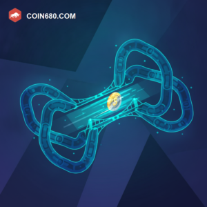 Illustration of two glowing chain-link networks connected by a bridge with a coin flowing directly across between them