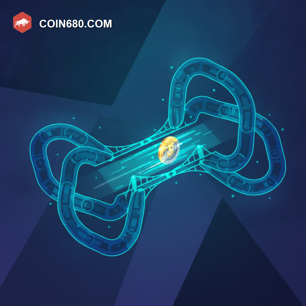 Illustration of two glowing chain-link networks connected by a bridge with a coin flowing directly across between them