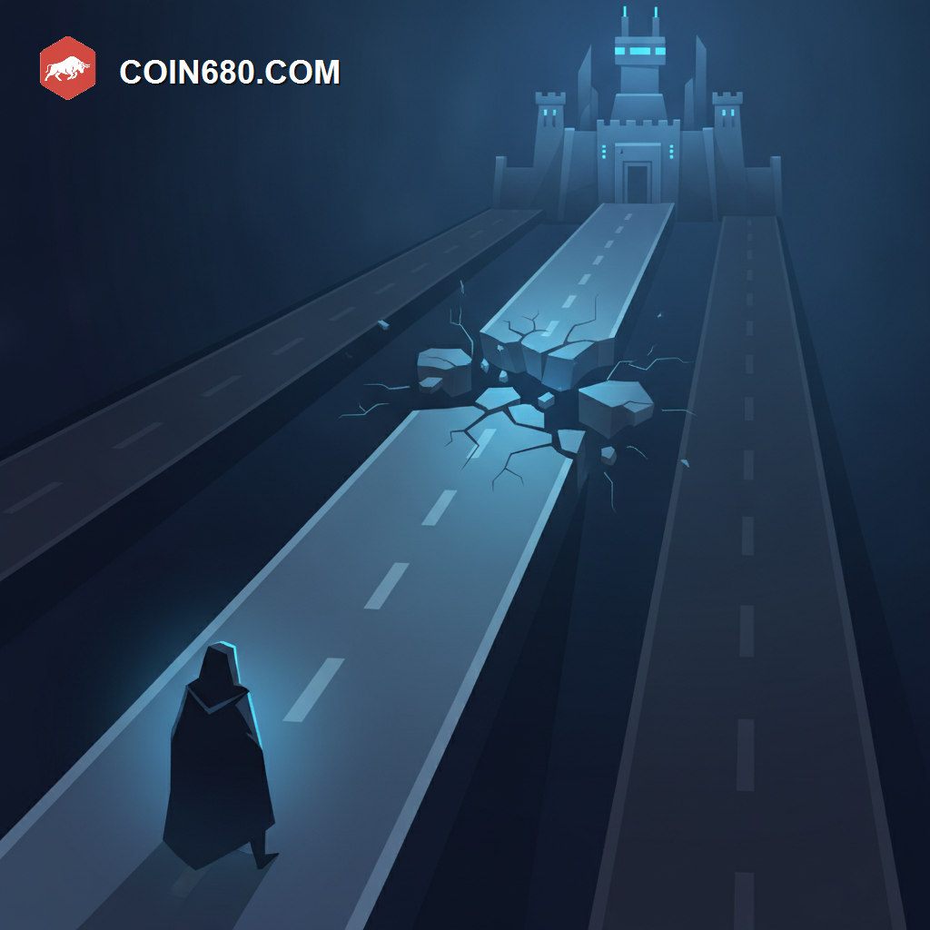 Illustration of a crumbling lone pathway among several roads leading to a fortress