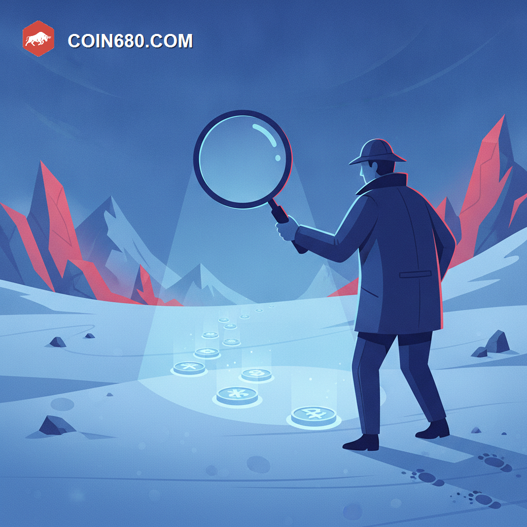 Illustration of a detective following a frozen trail of coins with a magnifying glass