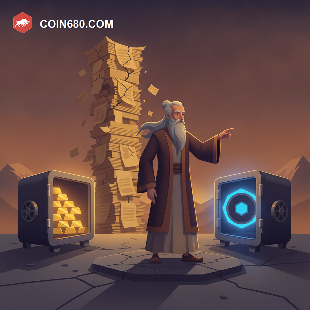 Illustration of an elder investor figure pointing toward safes of gold and a glowing coin