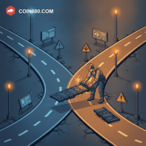 Illustration of a road forking into two paths with a builder laying new track