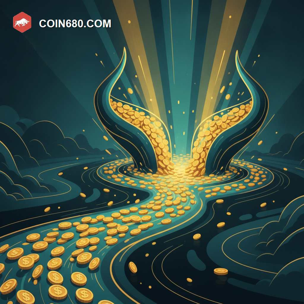 Illustration of a glowing river of coins pooling upward into two vessels shaped like rising bull horns