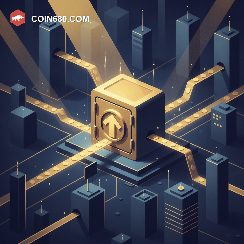 Illustration of multiple glowing streams of coins converging into a large central vault marked with an upward arrow