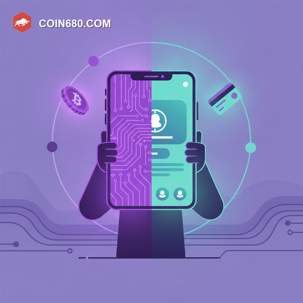 Illustration of a user holding a smartphone whose screen morphs from crypto circuit patterns into a friendly banking app interface