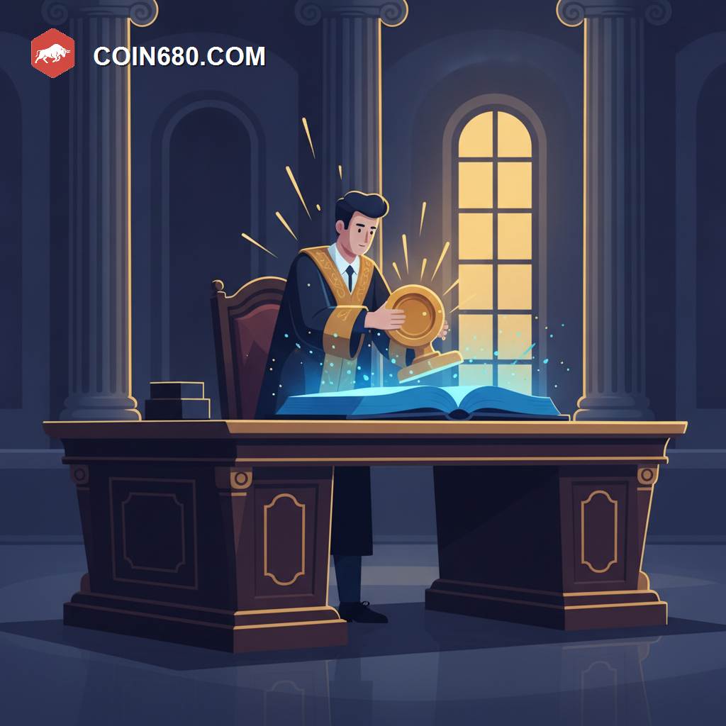 Illustration of a registrar figure stamping a glowing official ledger book at an ornate registry desk