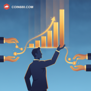 Illustration of a confident founder holding up a rising bar chart with investor hands reaching in from both sides offering money