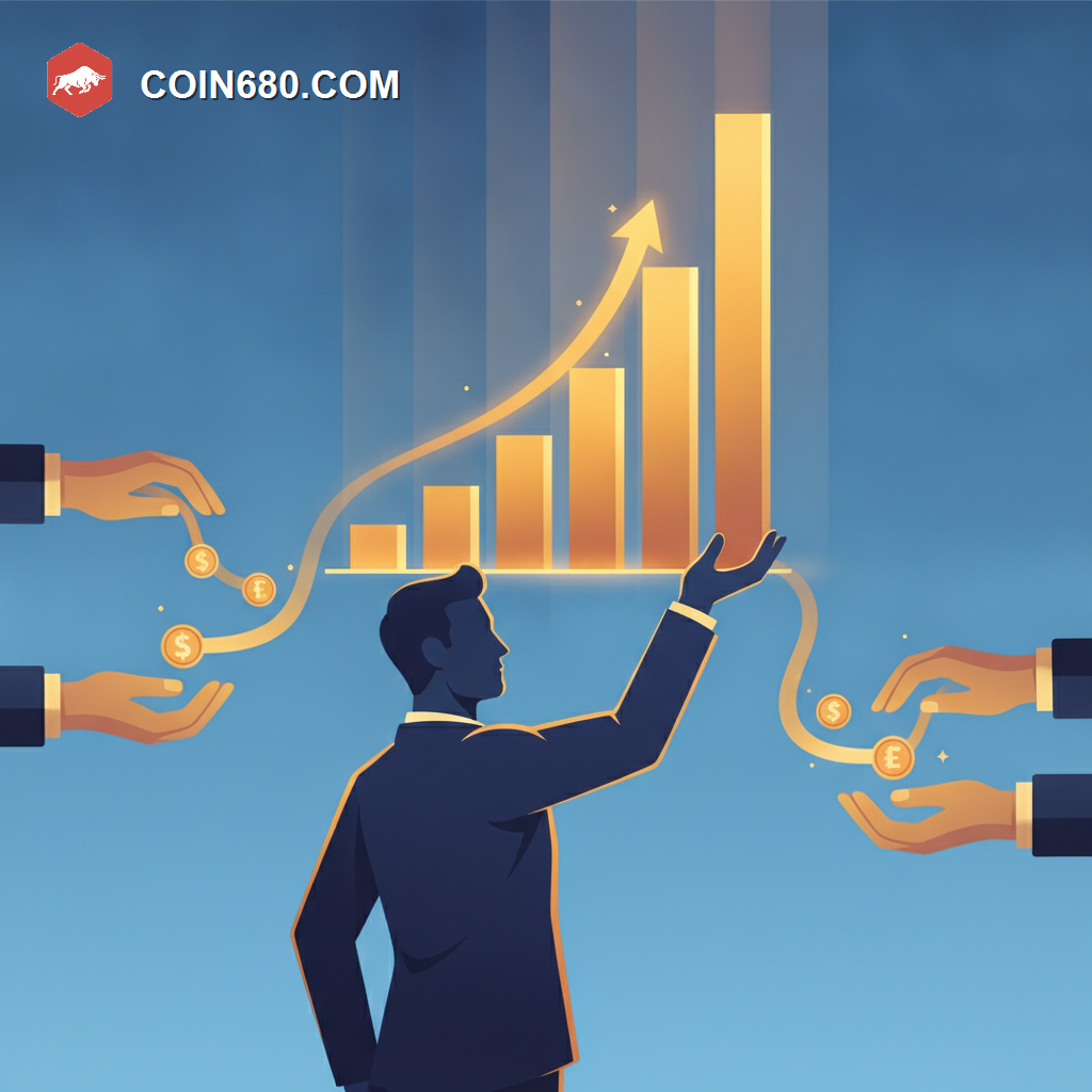Illustration of a confident founder holding up a rising bar chart with investor hands reaching in from both sides offering money