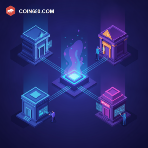 Illustration of a hidden glowing engine core powering multiple exchange storefronts