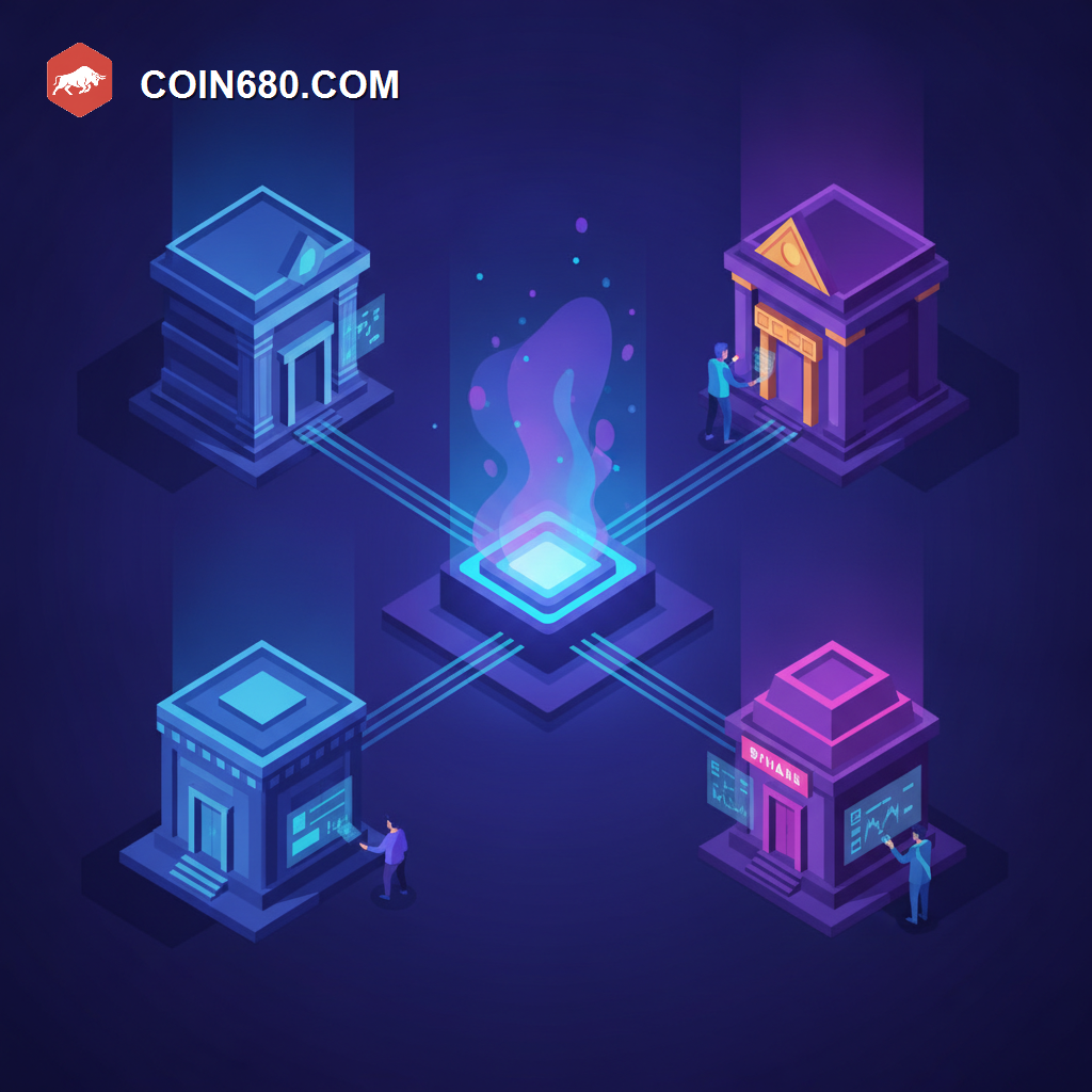 Illustration of a hidden glowing engine core powering multiple exchange storefronts