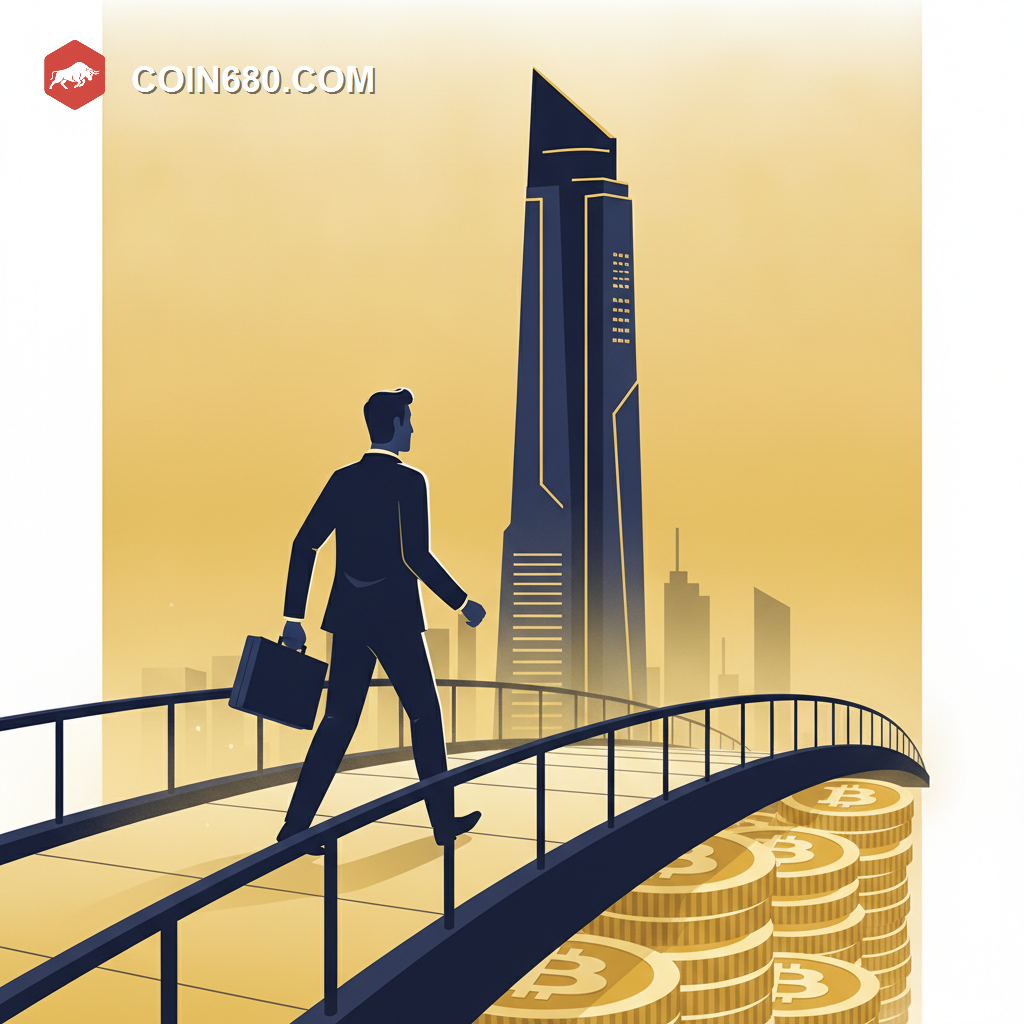 Illustration of a businessman walking across a bridge made of stacked Bitcoin coins toward a tall corporate skyscraper