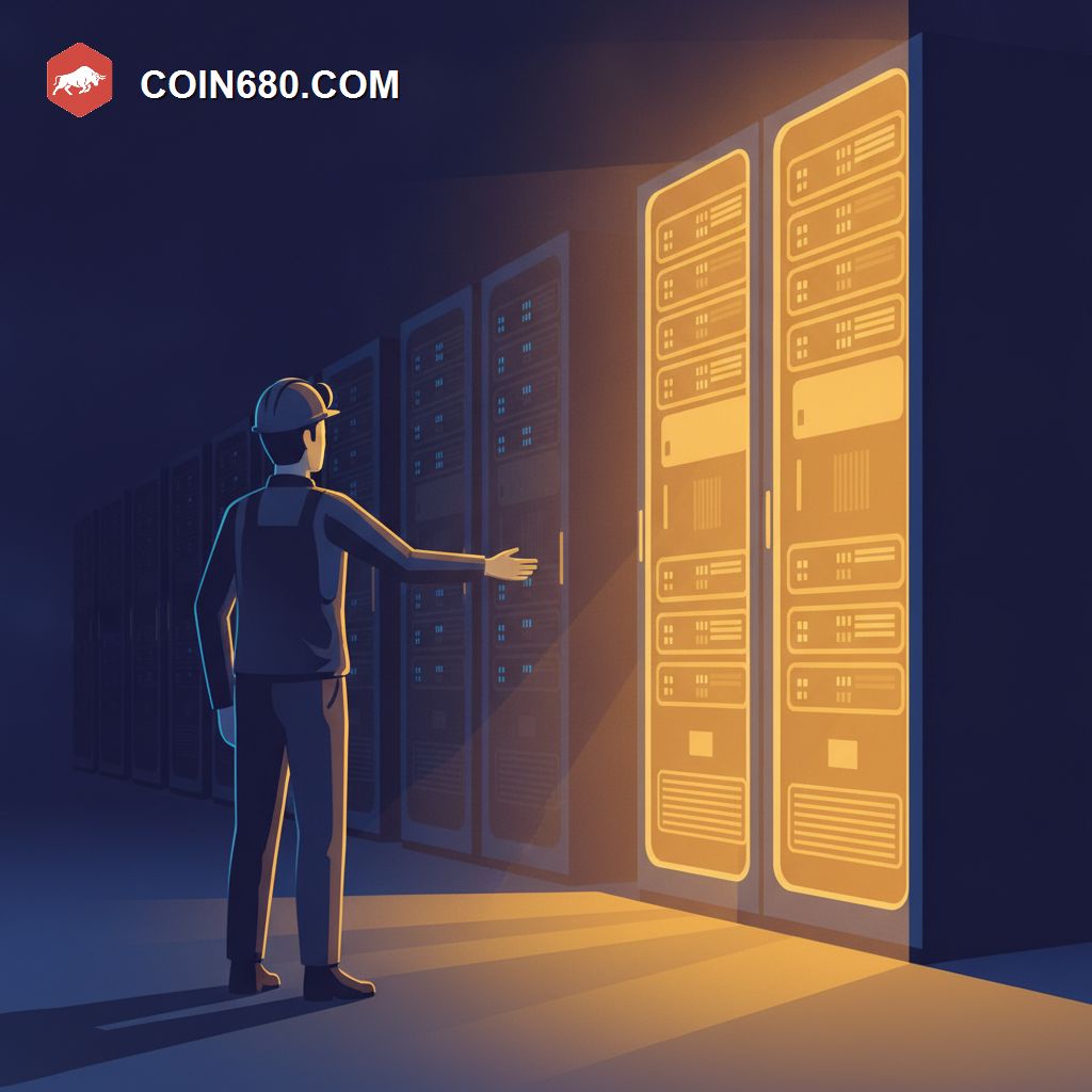 Illustration of a miner turning away from dimming Bitcoin mining rigs toward a bright wall of glowing AI and GPU servers