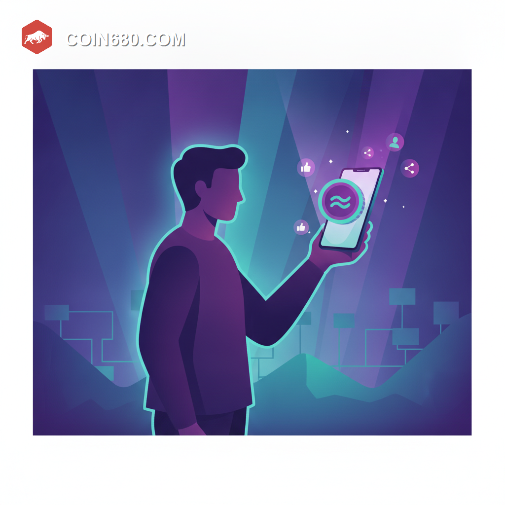 Illustration of a content creator holding a smartphone emitting a glowing stablecoin coin into their open hand