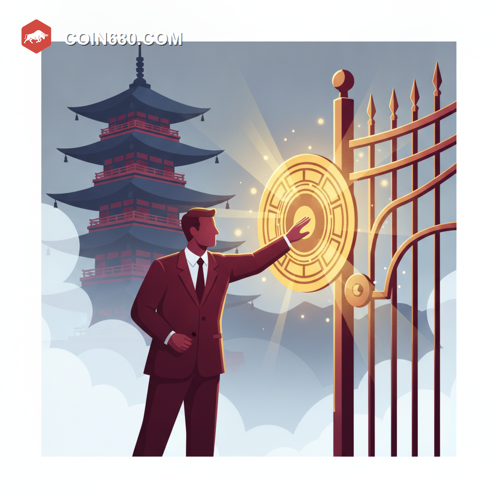 Illustration of a corporate figure receiving a glowing official seal at an ornate gate with a Japanese pagoda silhouette in the background