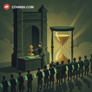 Illustration of a gatekeeper figure stamping approval for merchants at a large stone gate beside a draining hourglass